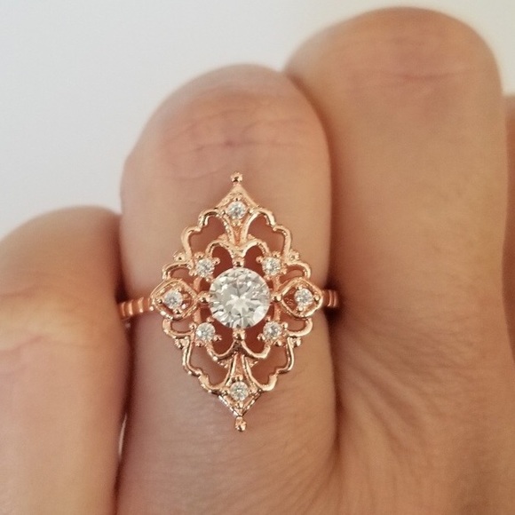 Antique Rose Gold CZ Ring 925 Sterling Silver - Picture 4 of 13